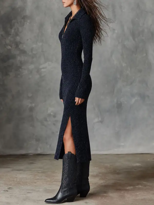 Retro Shiny Front Zipper Ribbed Knit Midi Dress Featuring Slit Hem