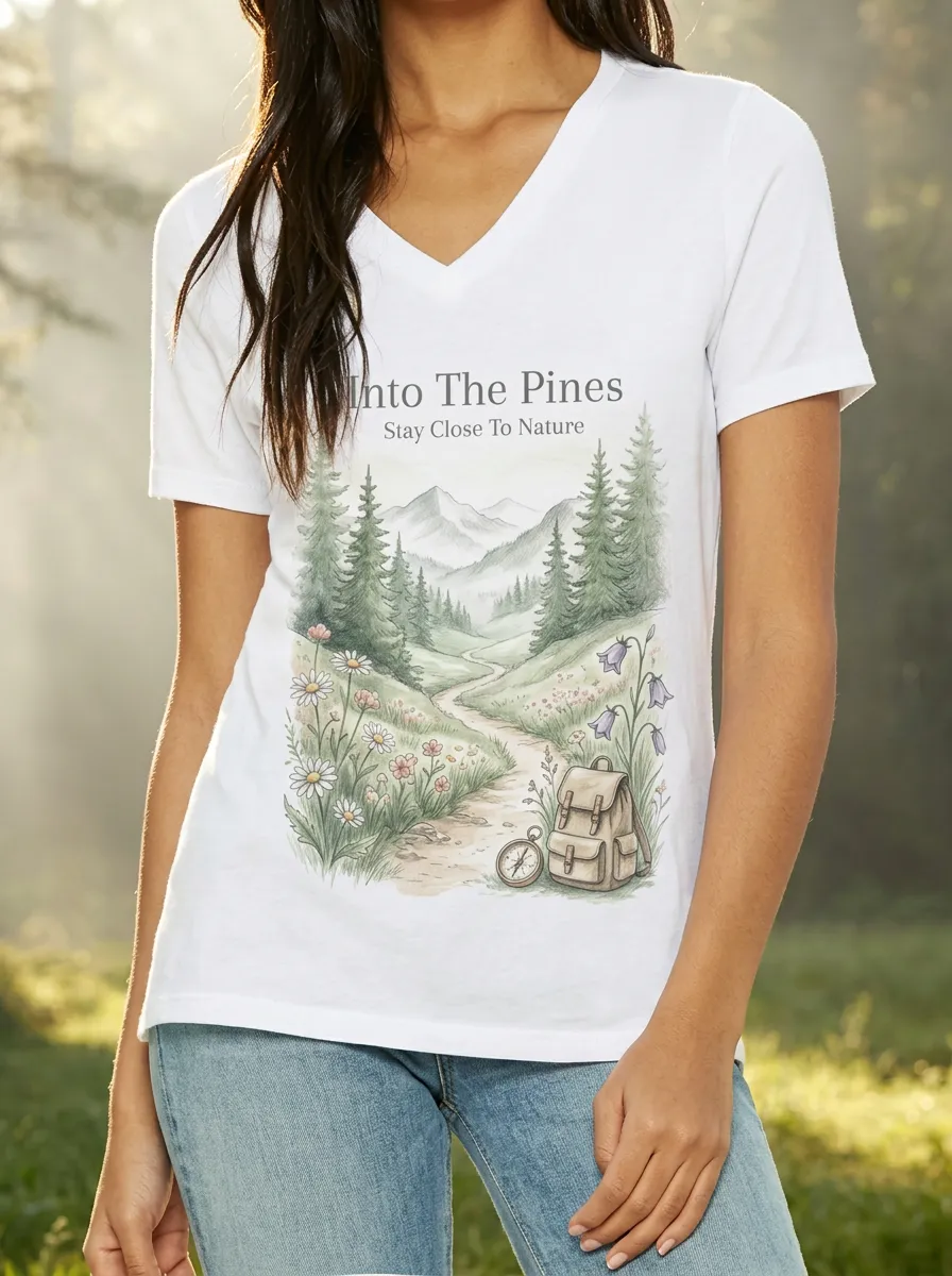Women's Nature Hiking Lover Mountain Forest Backpack Printed V-neck T-shirt