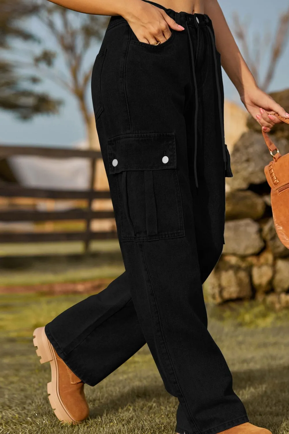 Loose Fit Drawstring Pocket Denim Jeans