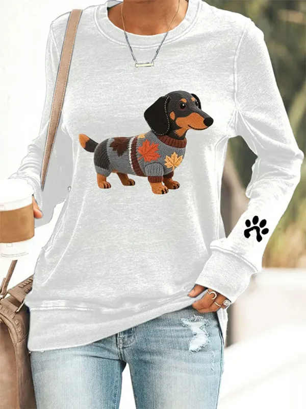 Women's Autumn Dog Art Print Round Neck Cotton Sweatshirt