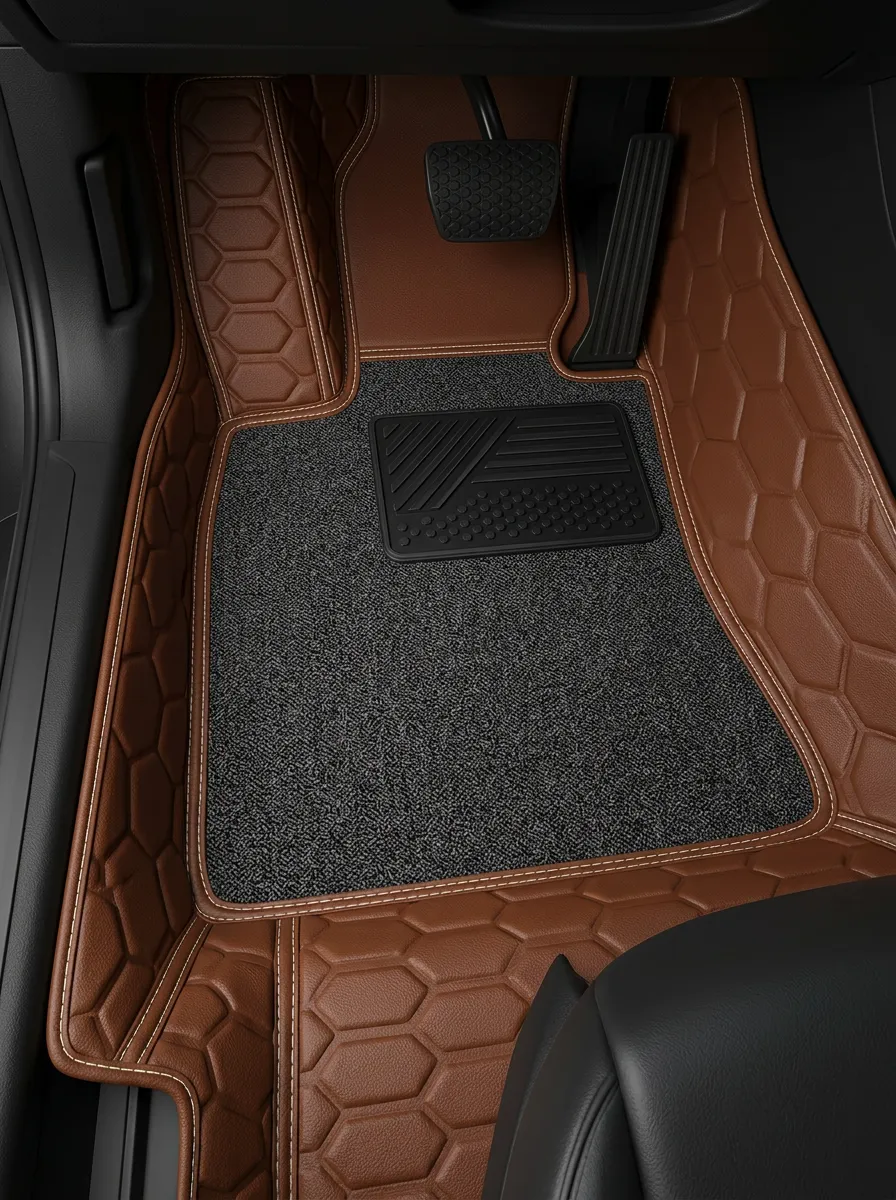 Hexagon Pattern Stitched Leather Vehicle Floor Mat