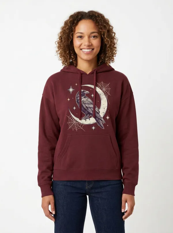 Women's Halloween Gothic Raven Moon Spiderweb Printed Hoodie