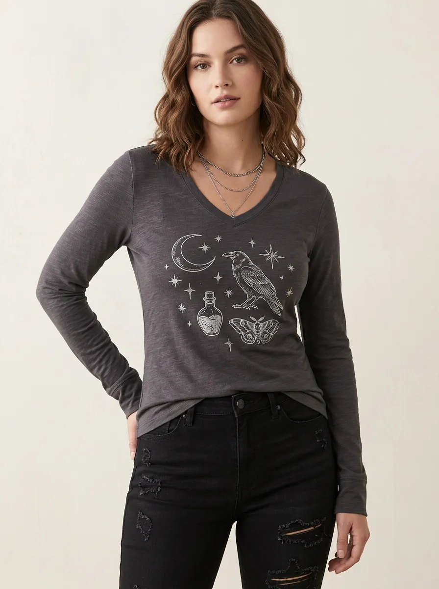 Women's Halloween Witchy Raven Moon Moth Potion Printed V-neck Long Sleeve Top