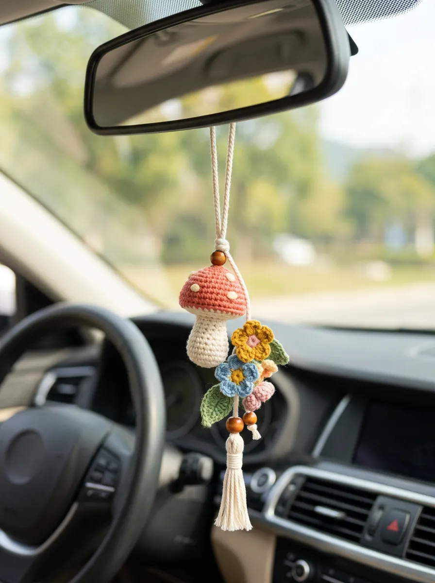 Crochet Tassel Mushroom Floral Rearview Mirror Hanging Ornament