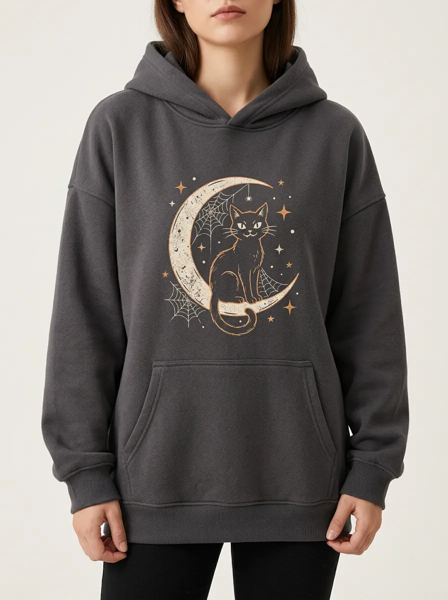 Women's Halloween Cat Moon Spiderweb Printed Hoodie