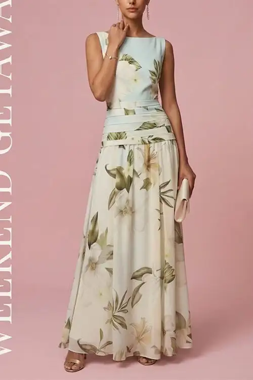 Margovil Boat Neck Sleeveless Floral Print A-line Maxi Dress