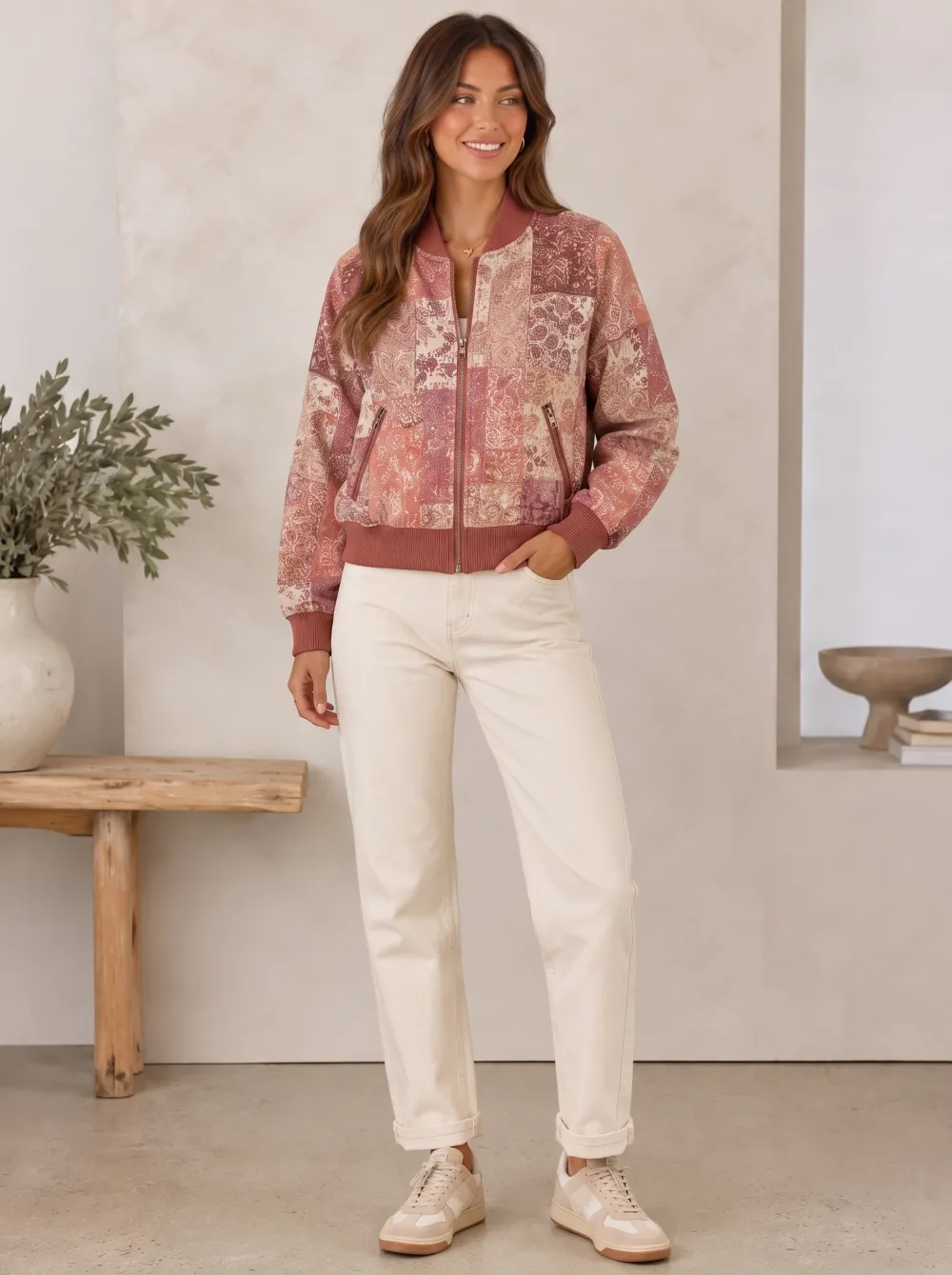 Women's Boho Paisley Patchwork Ribbed Hem Bomber Jacket