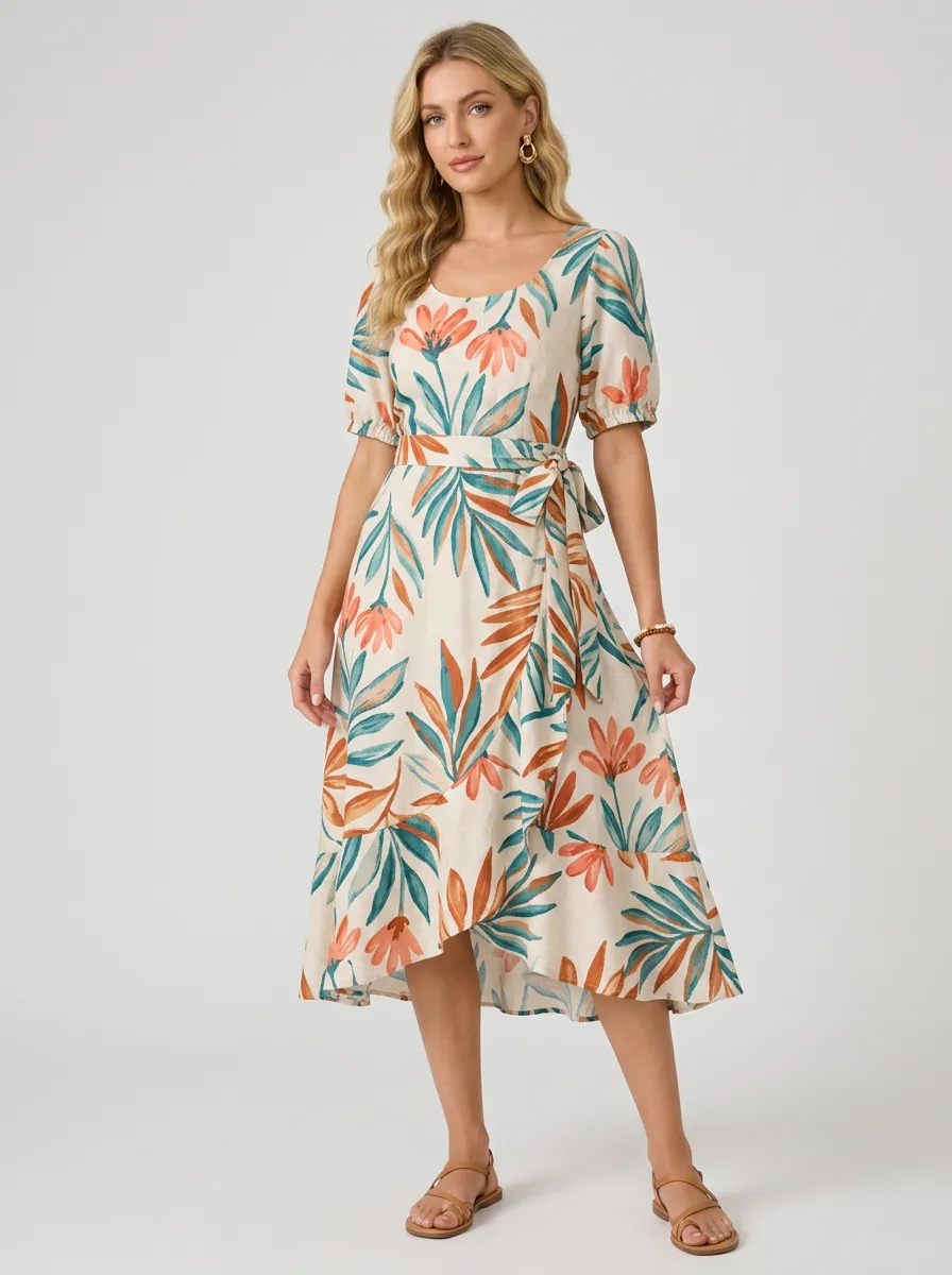 Women's Botanical Floral Tropical Leaf Printed Wrap Dress