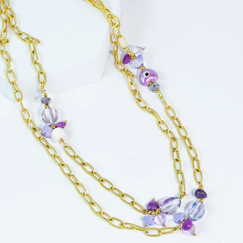 Purple Bead Layered Chain Necklace