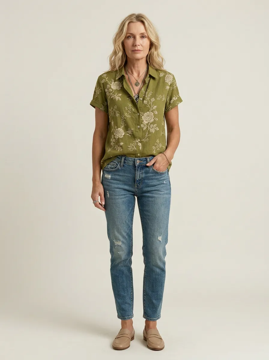 Women's Floral Botanical Rose Printed Short Sleeve Shirt