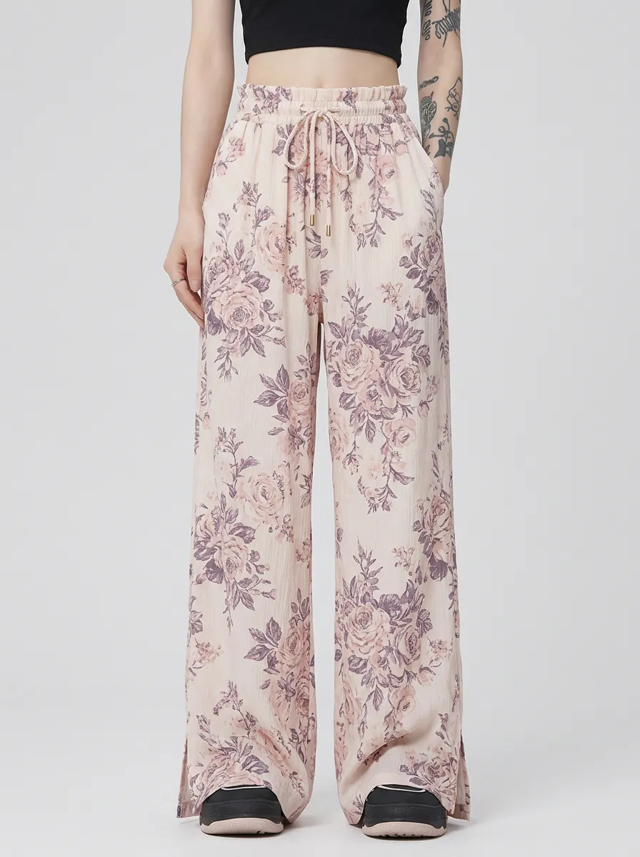 Women's Vintage Floral Pattern Printed Wide Leg Pants