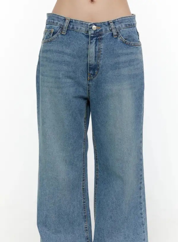 Pocketed Washed Wide Leg Jeans