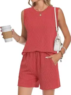 Pocketed Ribbed Top and Shorts Matching Set