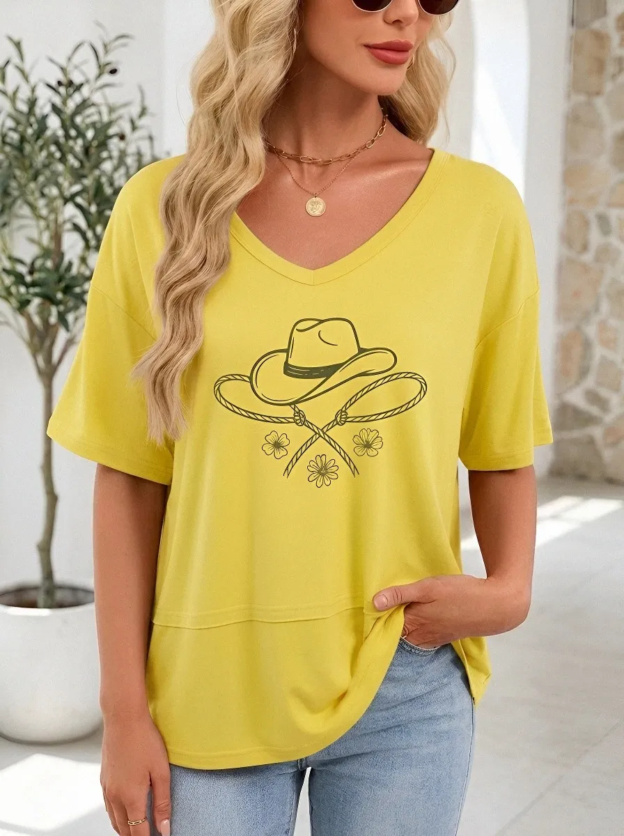 Women's Western Cowgirl Cowboy Hat Lasso Flower Printed T-shirt