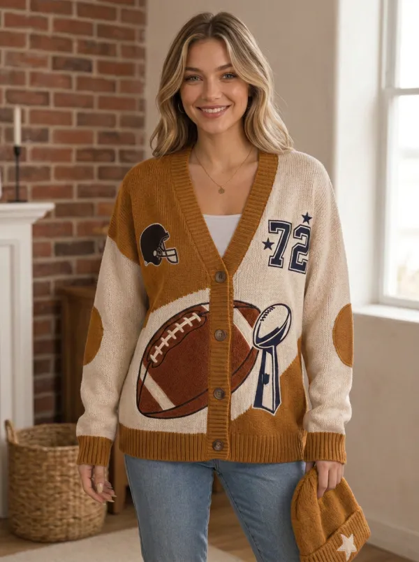 Women's Classic Casual Gridiron Helmet Trophy Ball Knit Cardigan