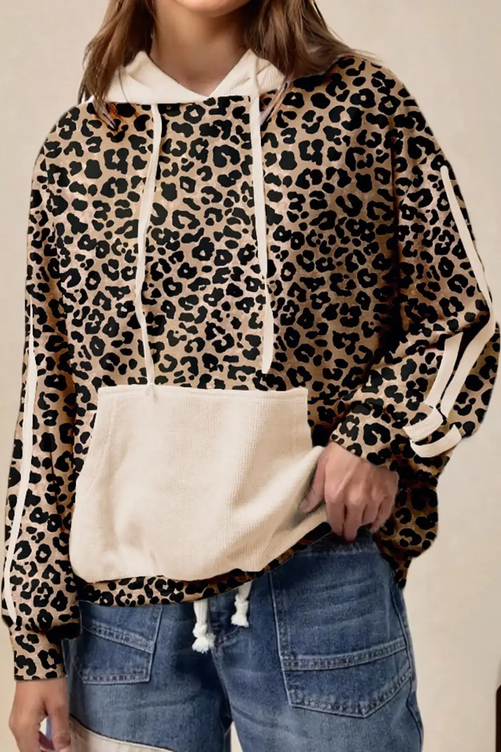 Kangaroo-Pocket Waffle-Textured Knit Leopard-Print Sweatshirt