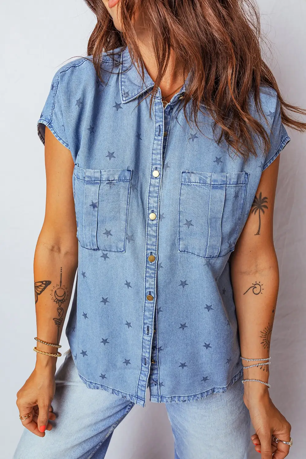 Short Sleeve Western Inspired Pocket Detail Shirt Blouse