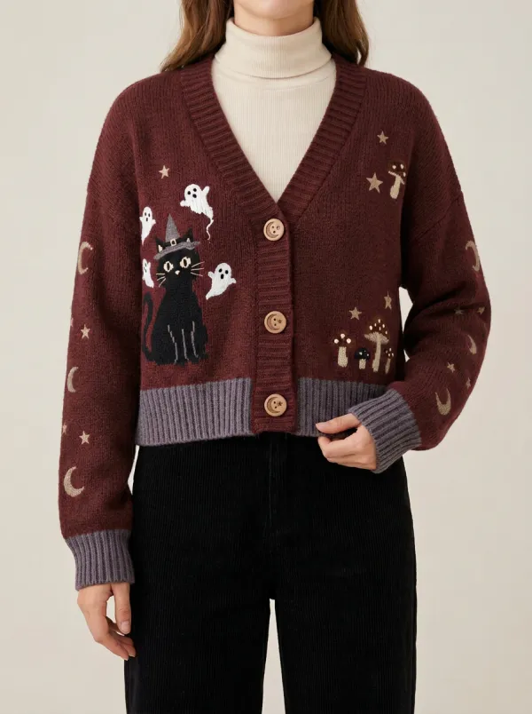 Women's Halloween Witch Cat Mushroom Moon Printed Cardigan