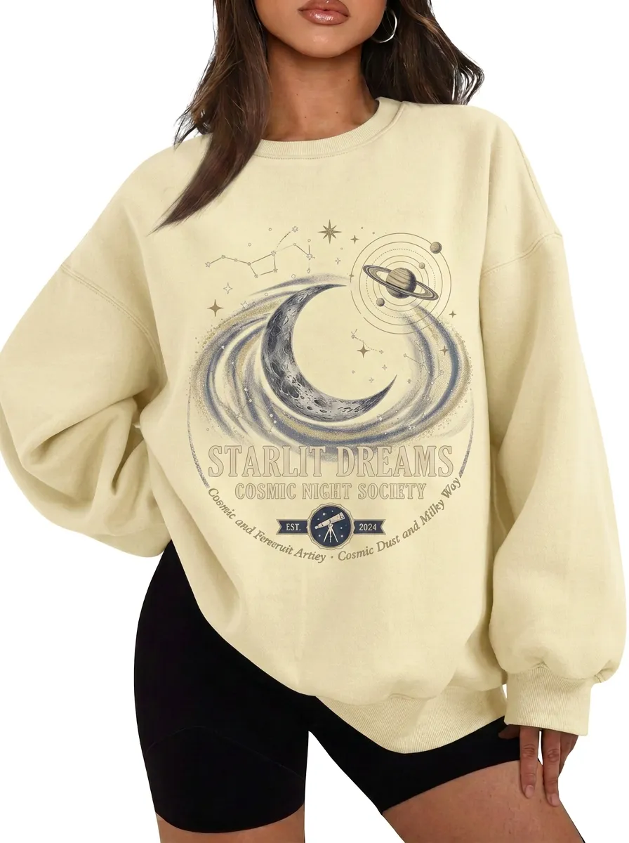 Women's Astronomy Lover Starlit Dreams Moon Planet Printed T-shirt