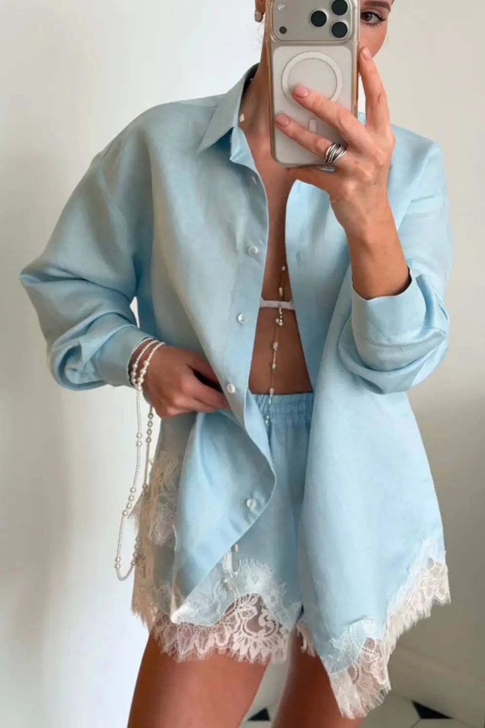 Emma Lapel Long-Sleeve Shirt & Lace-Paneled Shorts Set