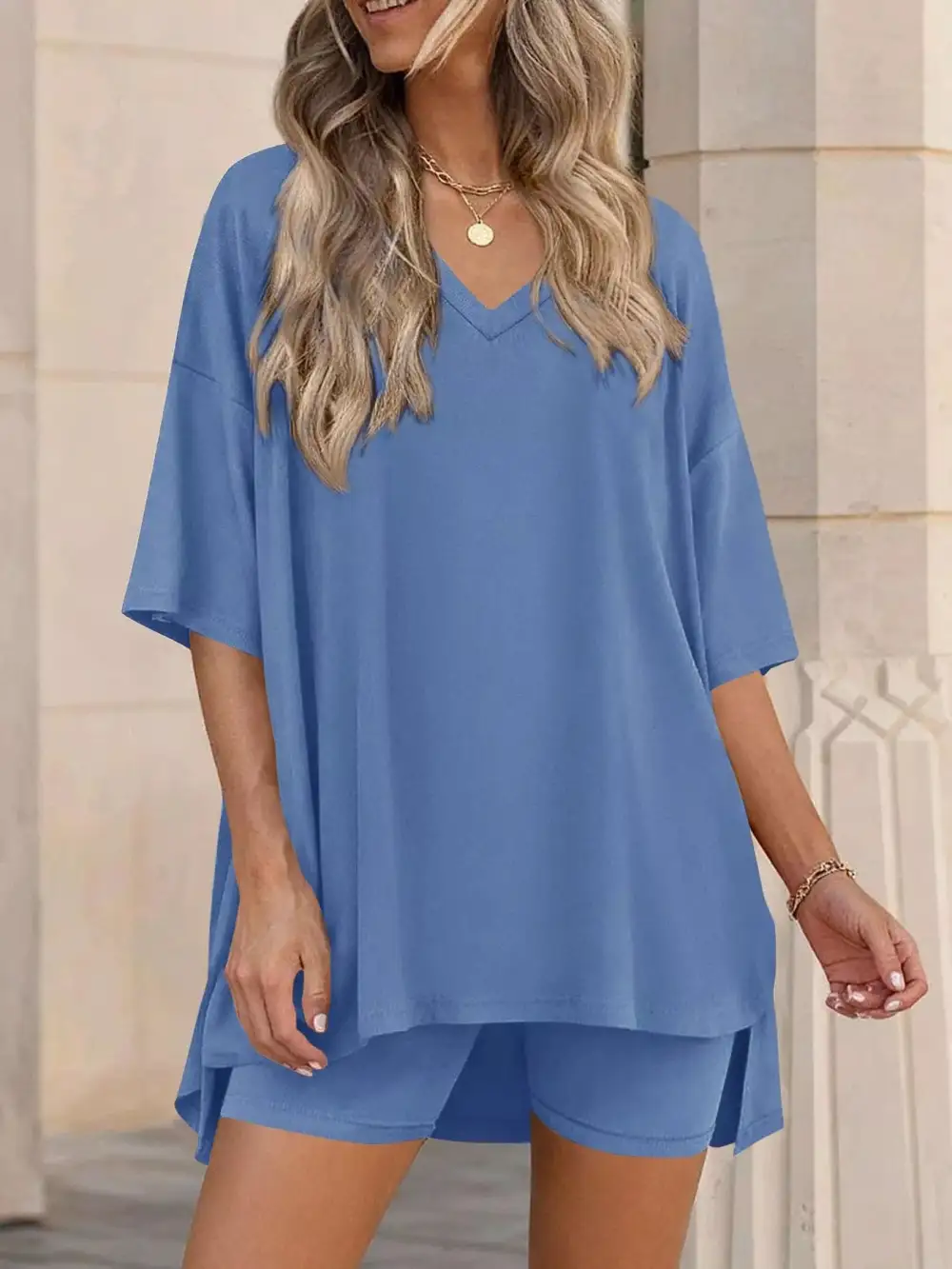Casual Loose V Neck T Shirt Shorts Sets
