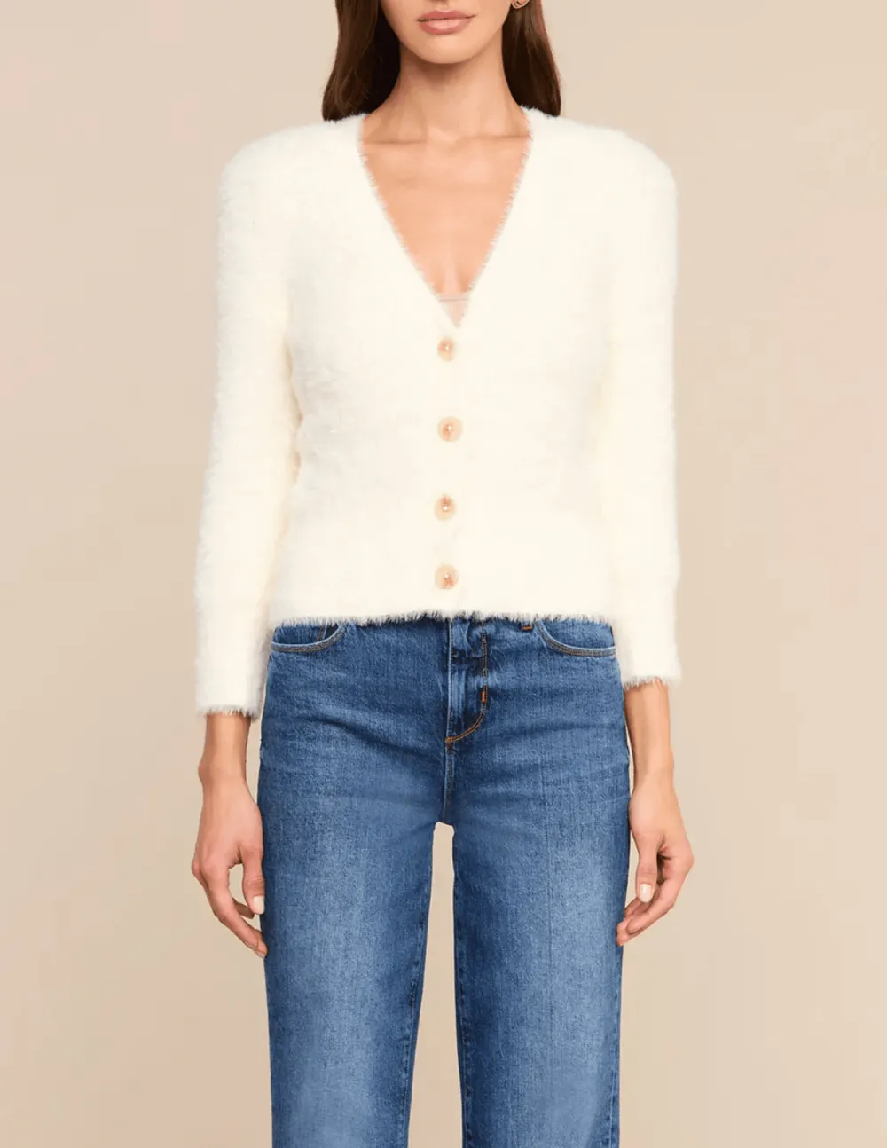 Button-Front Cropped Ribbed Fuzzy Cardigan