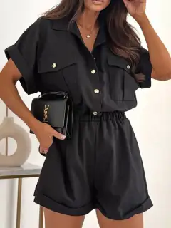 Button-Front Pocketed Shirt and Shorts Matching Set