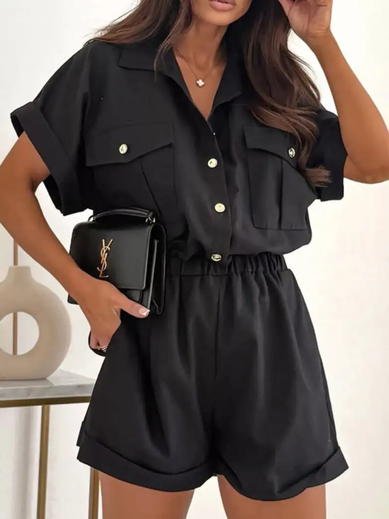 Button-Front Pocketed Shirt and Shorts Matching Set