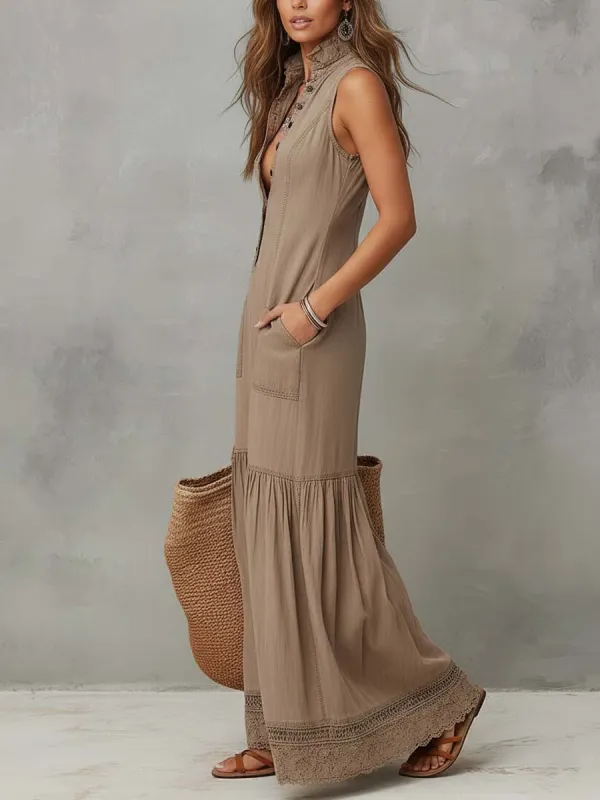 Classic Khaki Pure Cotton Sleeveless Maxi Dress