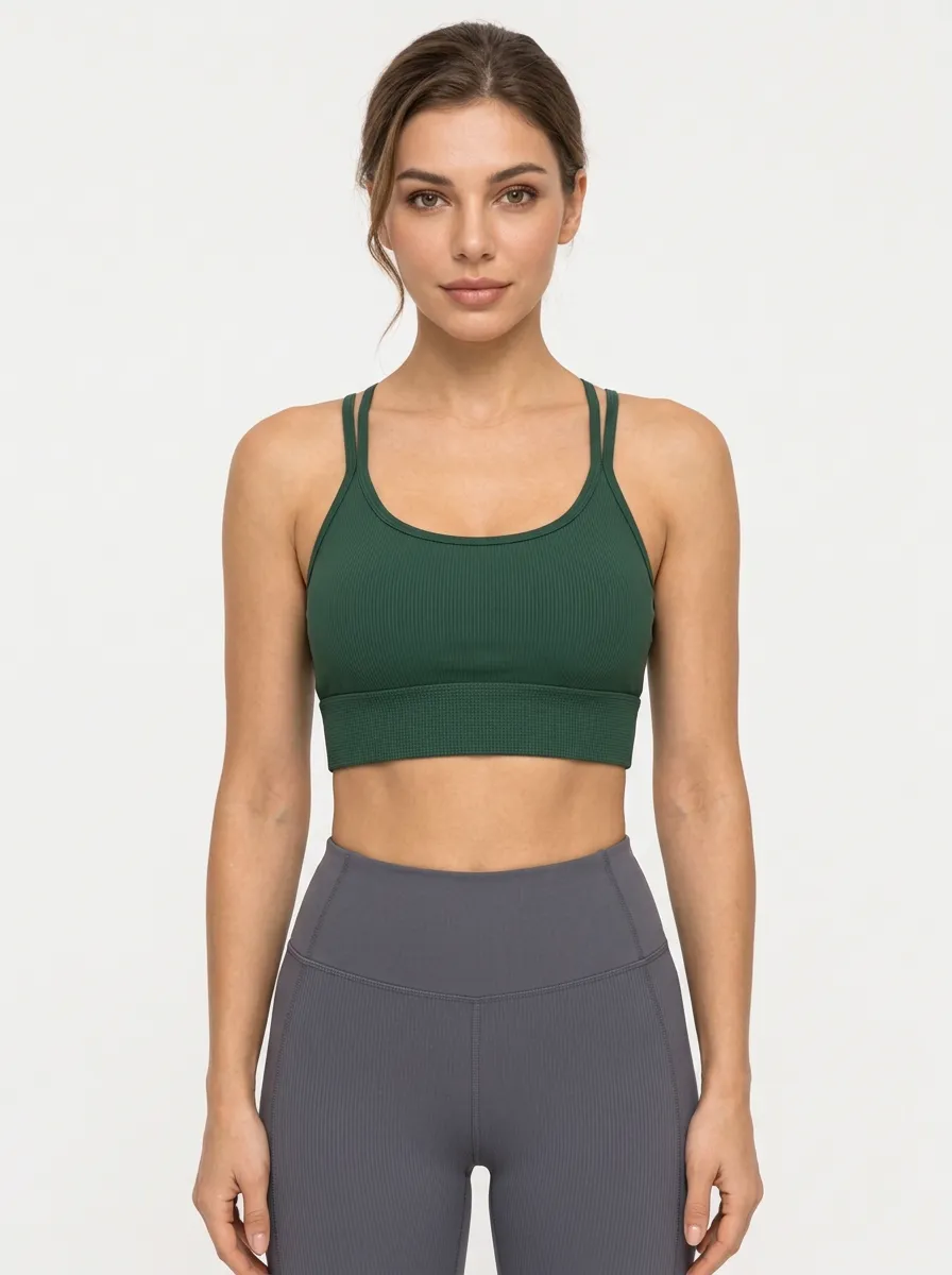 Women's Green Printed Cross Back Workout Bra