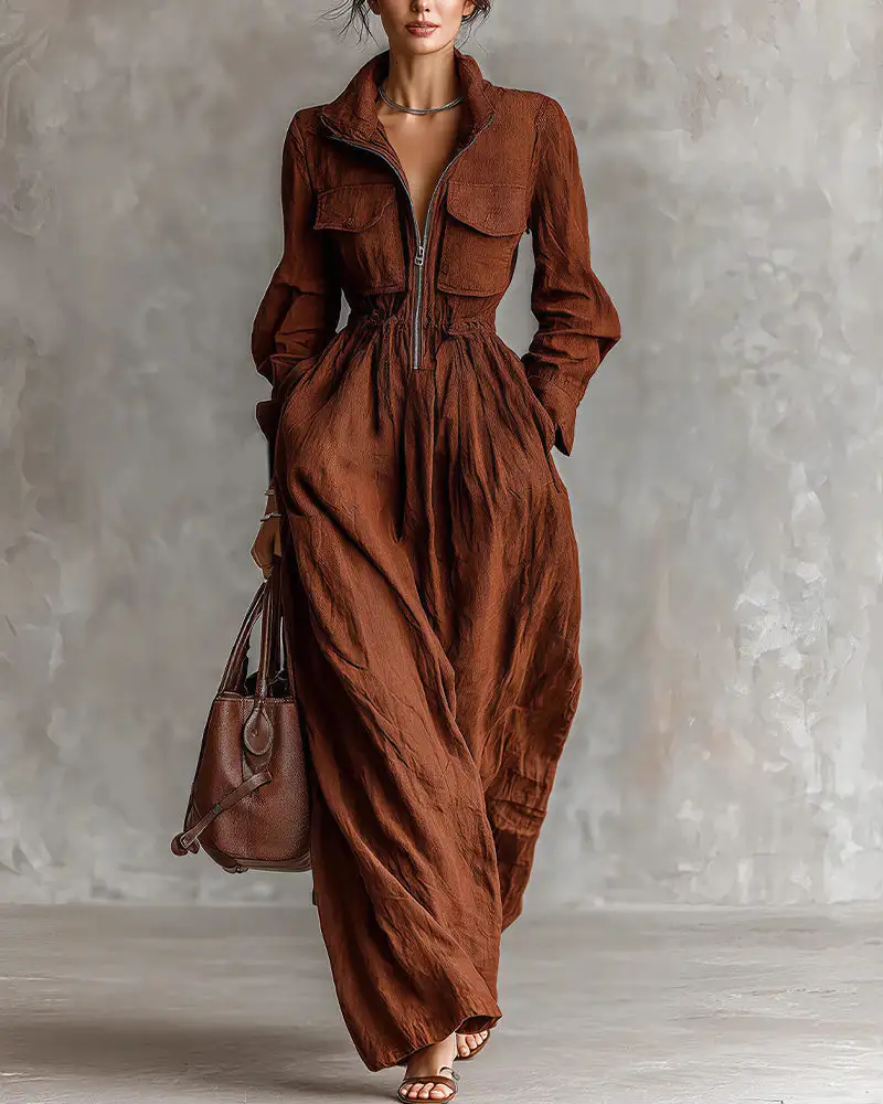 French Chic Zip-Up Lapel Maxi Dress With Cinched Waist