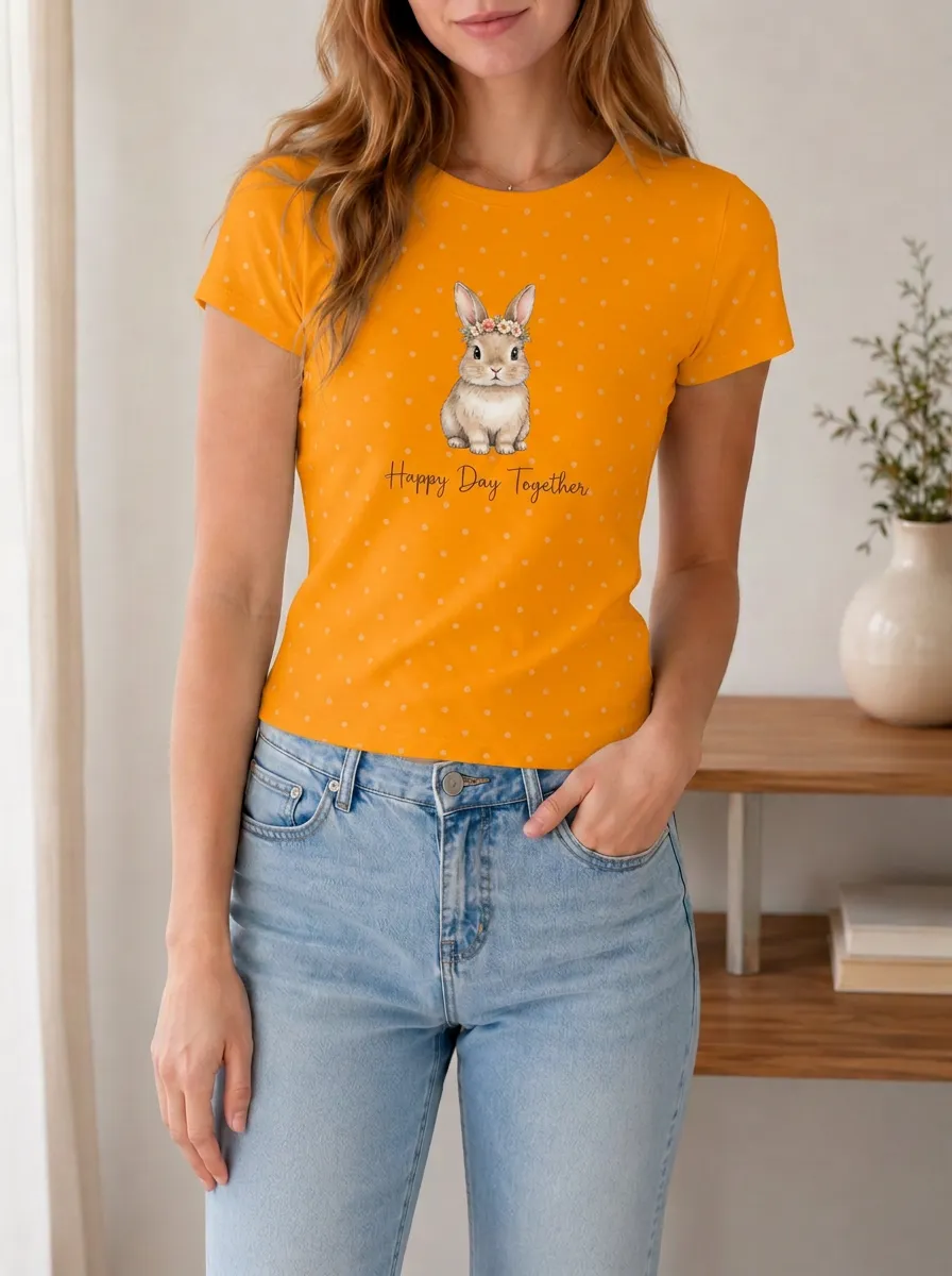 Women's Floral Bunny Happy Day Together Printed T-shirt
