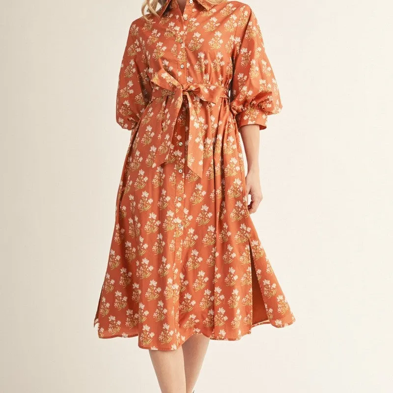 Floral Puff Sleeve Button Front Dress