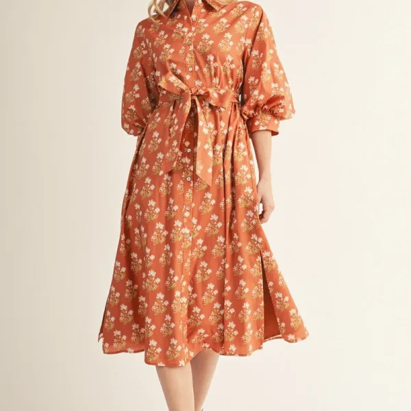 Floral Puff Sleeve Button Front Dress