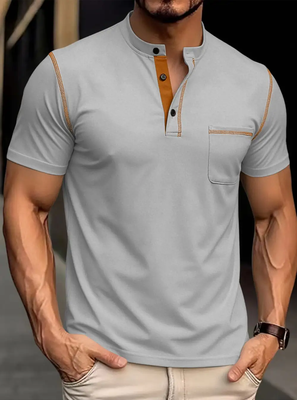 Men's Modern Short-Sleeve Henley With Stand Collar Contrast Stitching And Patch Chest Pocket