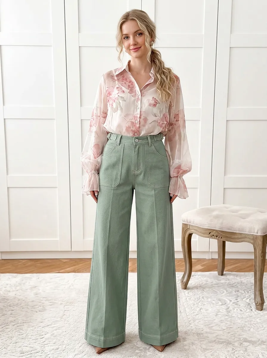 Women's Casual Fashion Sage Green Wide Leg Printed Pants
