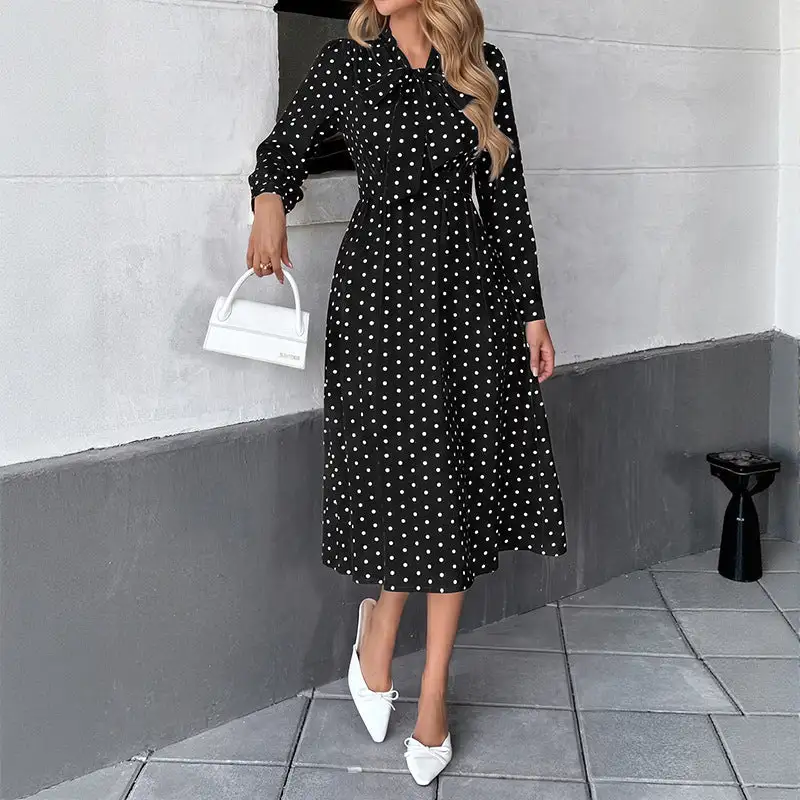 Women's Bodycon Long-Sleeve Lace Polka-Dot Midi Dress