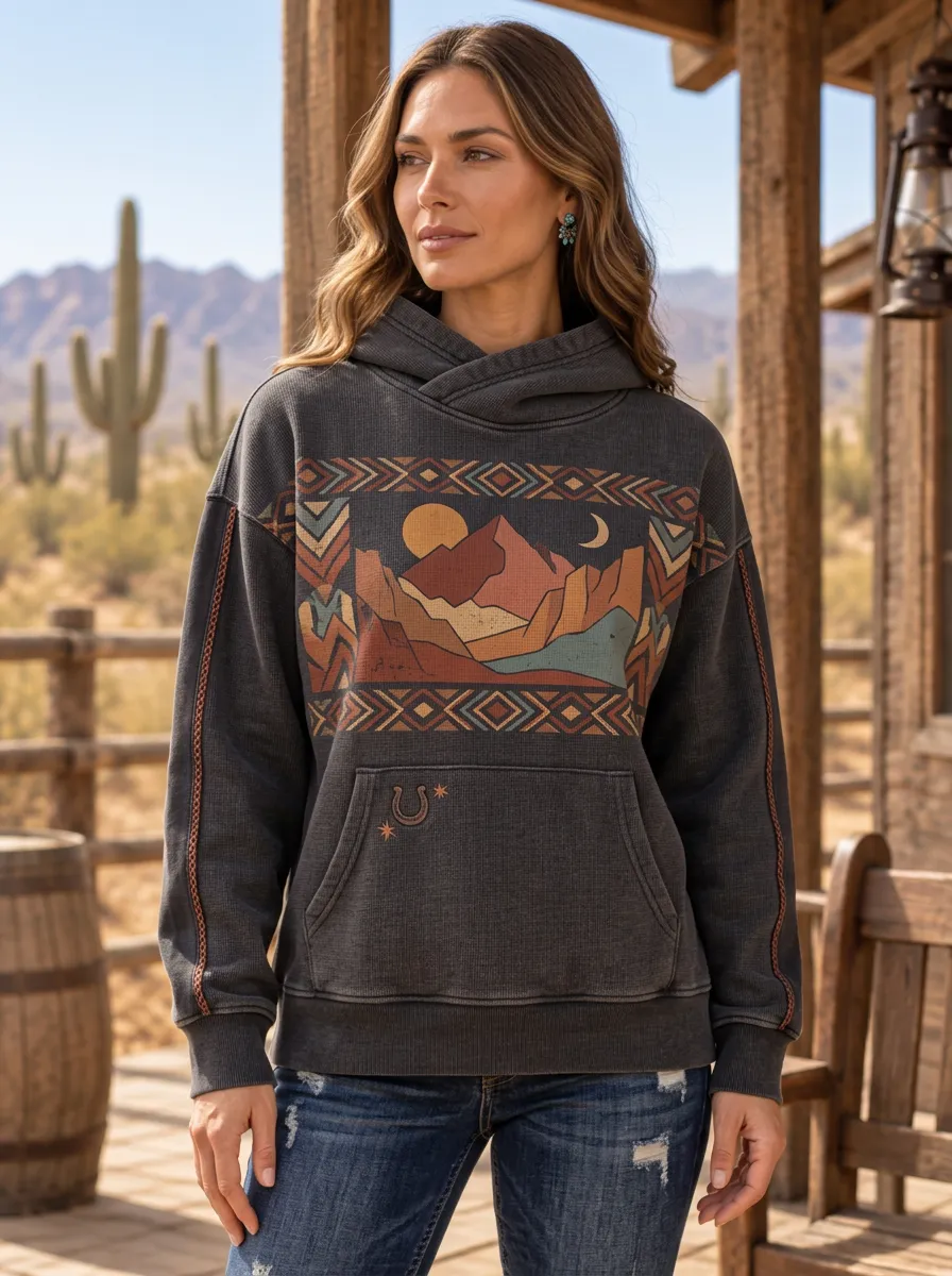 Women's Western Desert Mountain Geometric Printed Hoodie