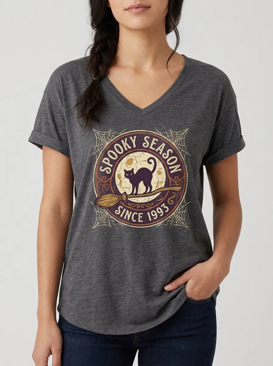 Women's Halloween Spooky Season Black Cat Broom Printed V-neck T-shirt