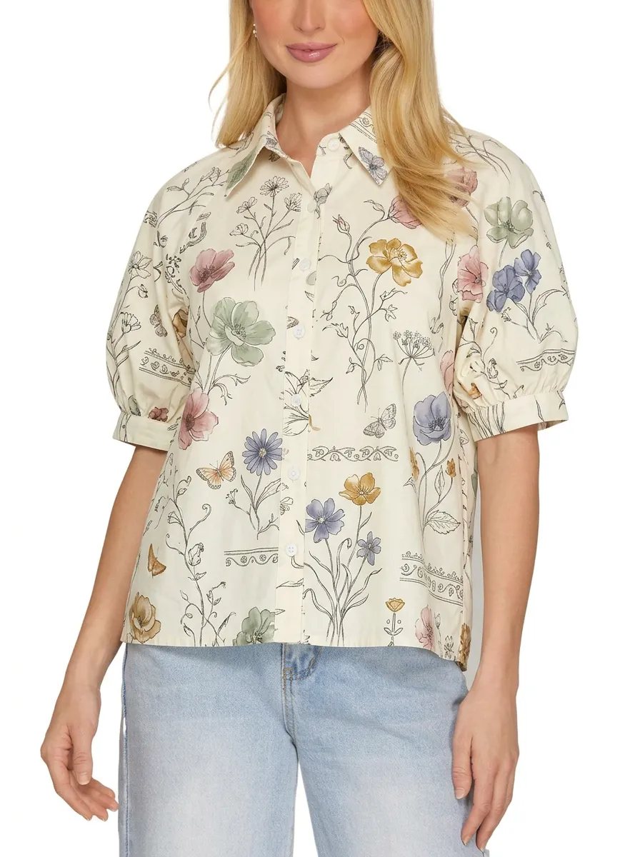 Women's Botanical Garden Floral Butterfly Printed Button-Up Shirt