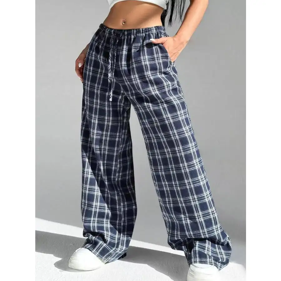 Classic Plaid Drawstring Wide Leg Pants