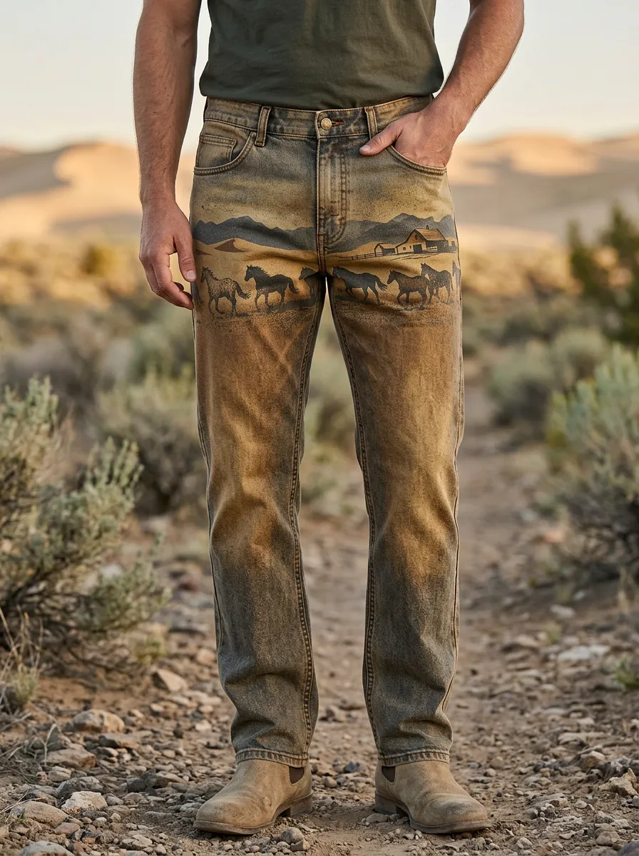 Men's Western Cowboy Horse Farm Landscape Printed Jeans