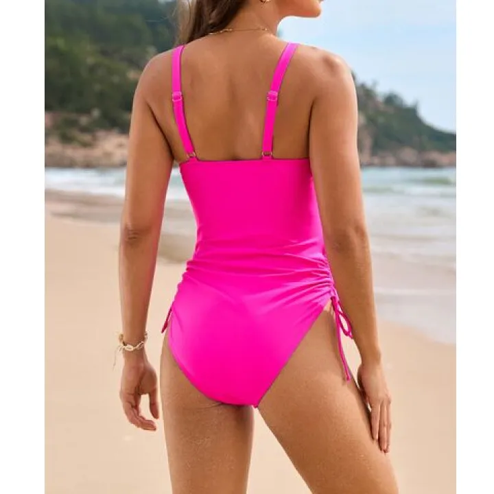 Women's Crisscross Ruched V-Neck Drawstring One-Piece Swimsuit
