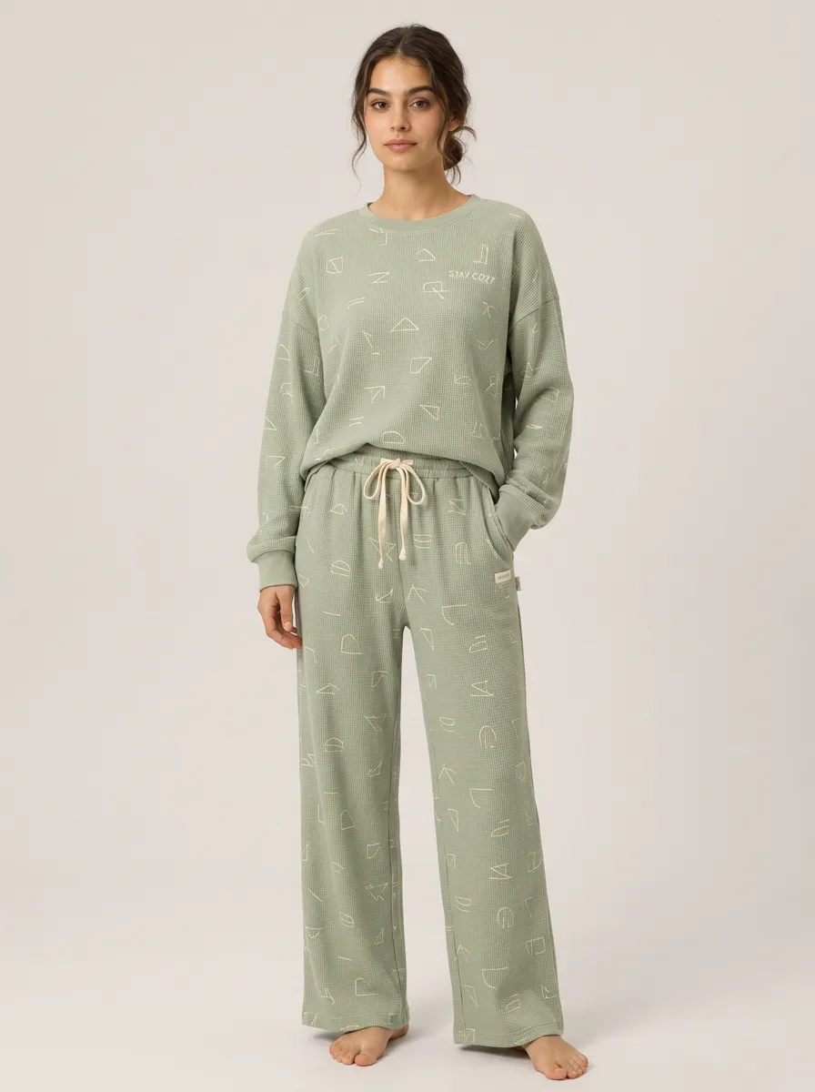 Women's Stay Cozy Geometric Pattern Printed Waffle Knit Lounge Set
