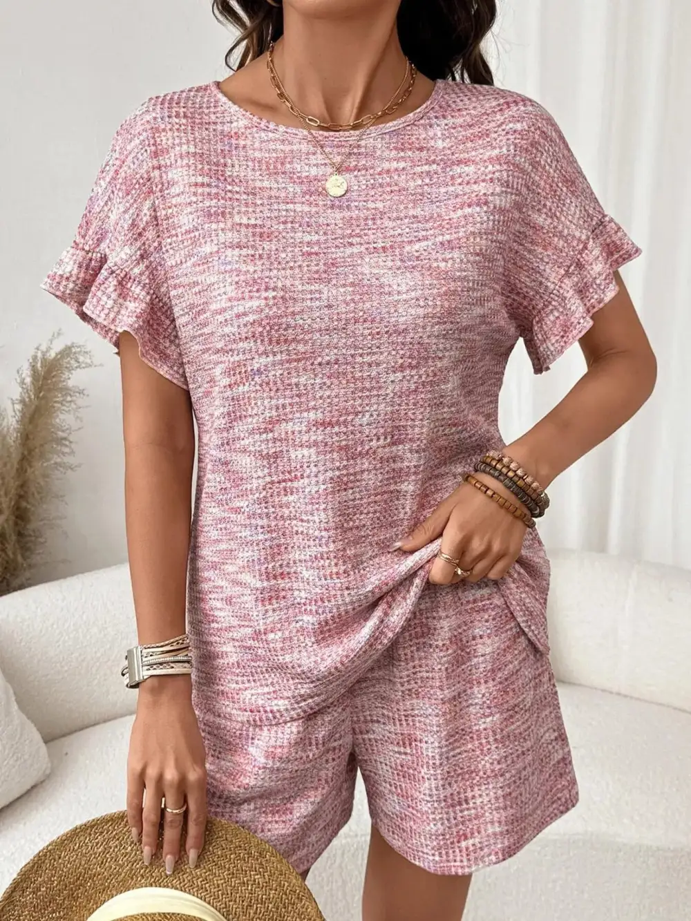 Ruffle Sleeve Textured Top Shorts Set