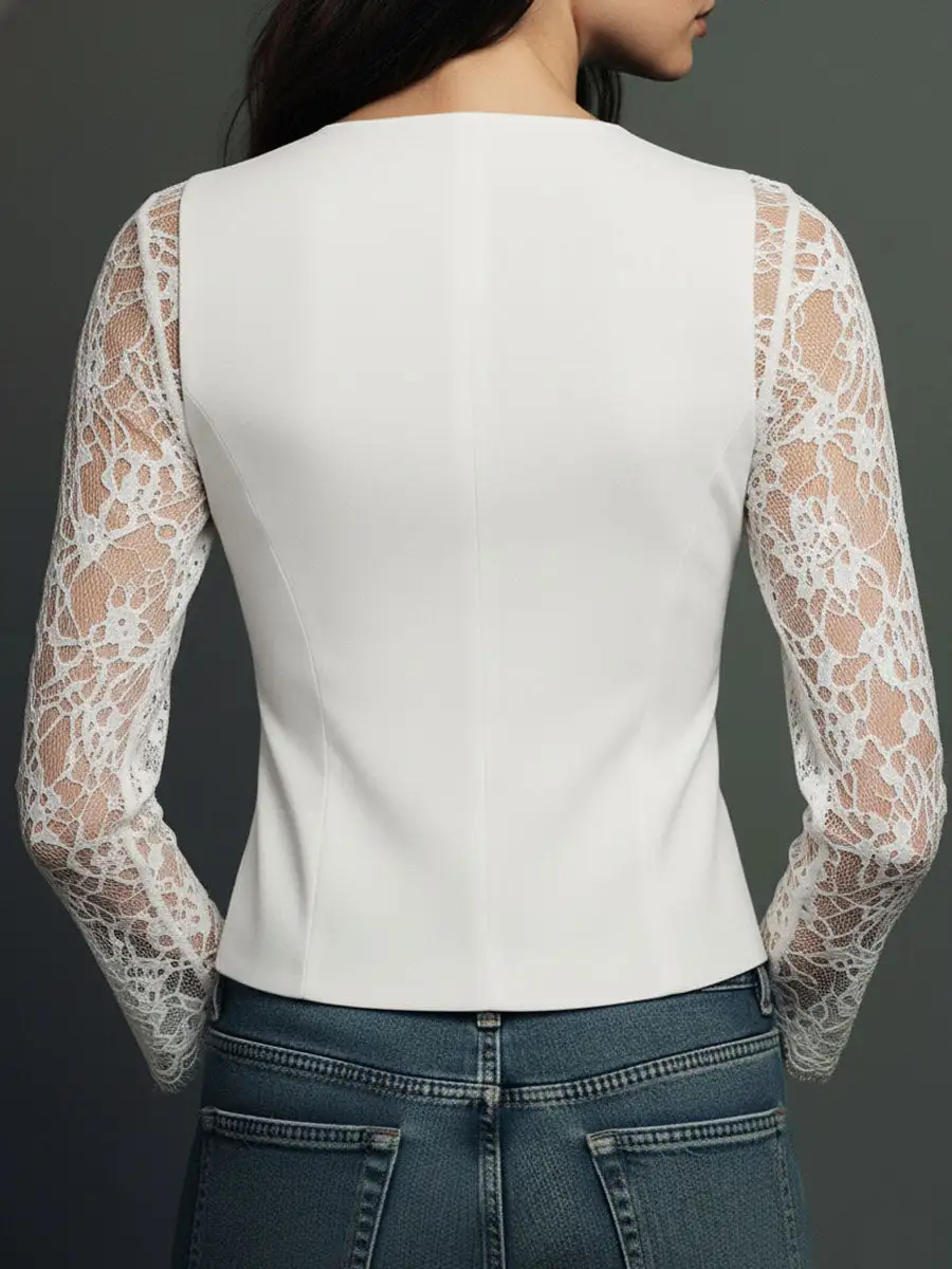 Elegant Black Lace Panel Sleeve Blazer Top