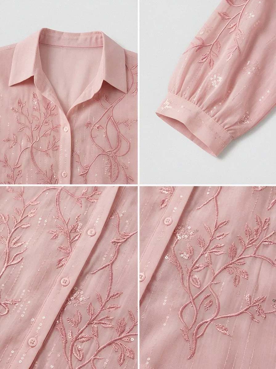 Women's Breast Cancer Awareness Floral Embroidered Printed Shirt