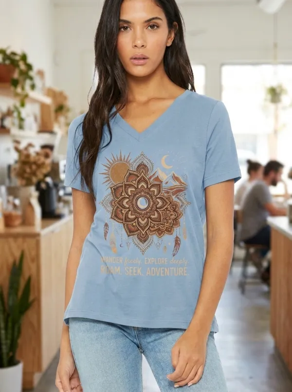 Women's Adventure Lover Mandala Mountain Printed V-Neck T-Shirt