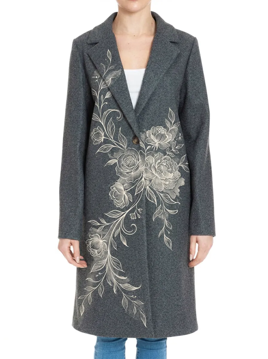 Women's Floral Lover Grey Rose Vine Printed Coat