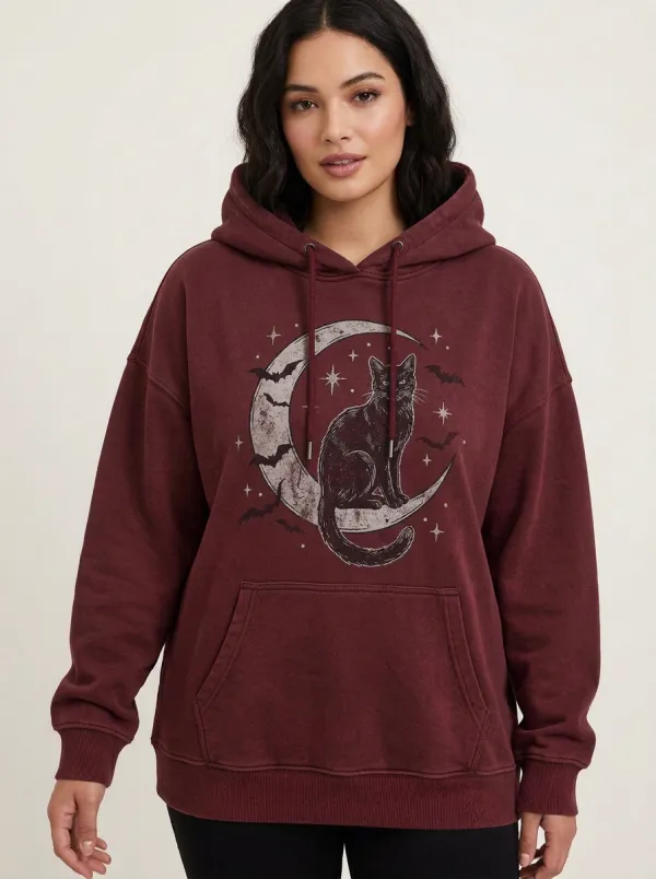 Women's Halloween Gothic Black Cat Moon Bats Printed Hoodie